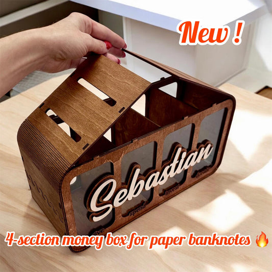 Financial Education Piggy Bank | Wooden 4 Section Save Spend Invest Donate Coin Box | Gift for Kids, 4-Section Wooden Piggy Bank, Cash Box