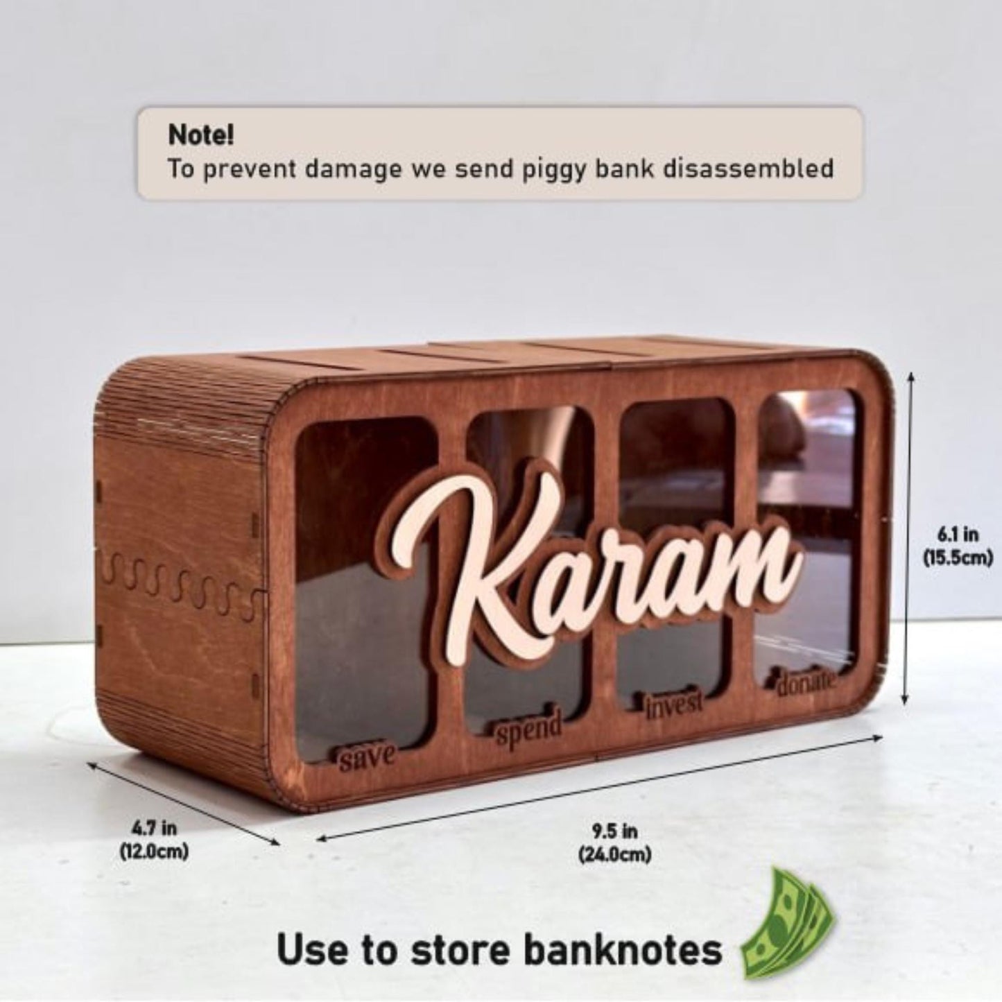 Financial Literacy Piggy Bank – Wooden Kids Cash Box with 4 Sections for Saving and Investing