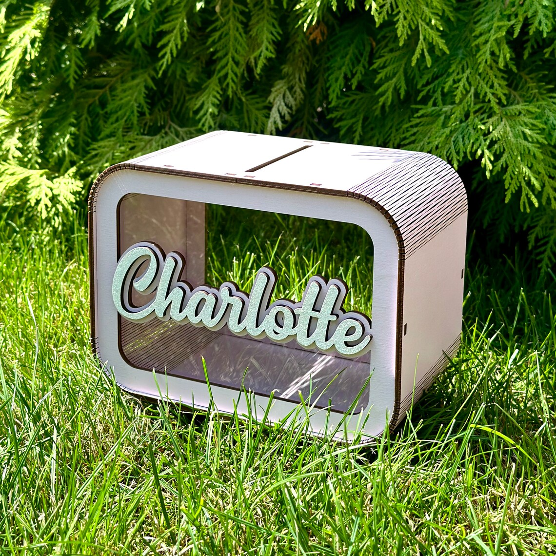 personalized wooden piggy bank for children with 3D effect