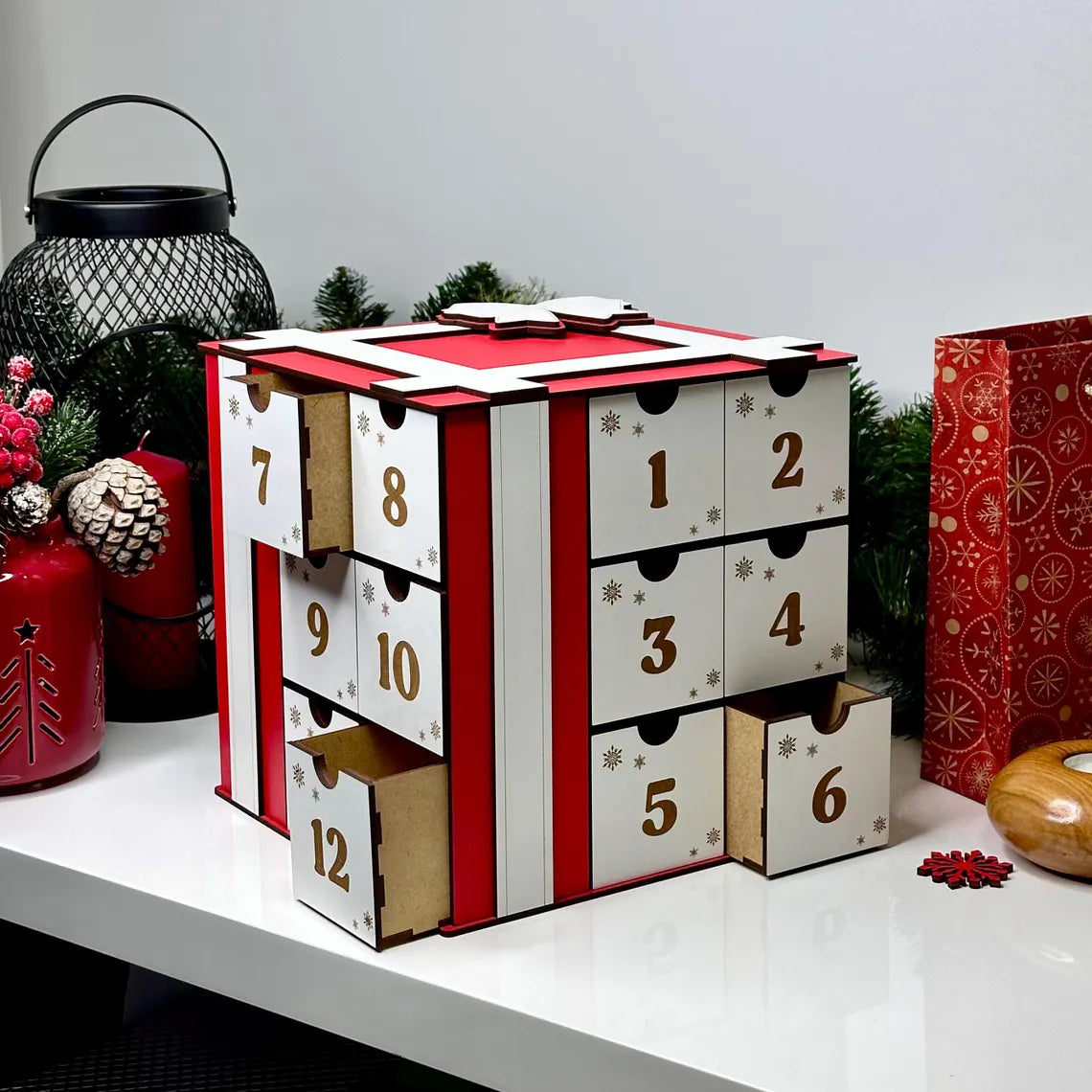 Christmas Advent Calendar, Christmas Holiday Advent with Drawers, Wood Advent Calendar, Christmas Wood Gift Decor, Holiday Countdown Gift