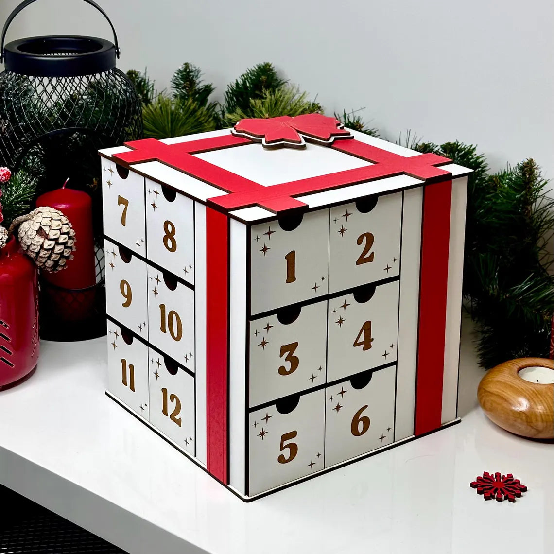 Customizable Advent Calendar Box | Wooden 24-Day Countdown | Engraved Xmas Keepsake | Holiday Tradition Starter|Family Name Holiday Keepsake
