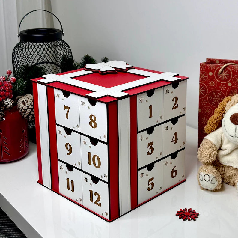 Customizable Advent Calendar Box | Wooden 24-Day Countdown | Engraved Xmas Keepsake | Holiday Tradition Starter|Family Name Holiday Keepsake
