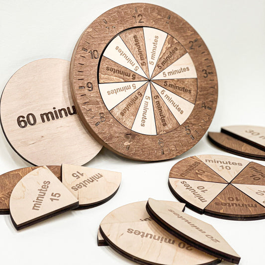 Wood Learning Clock, Fraction Of Time, Telling The Time, Montessori Toy, Sensory Kindergarten Toy, Gift for Kids, Educational Toy