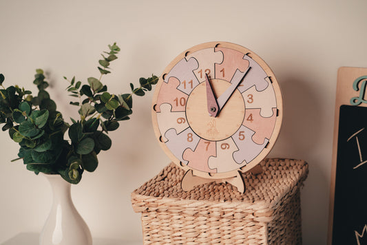 Sensory Clock for Toddlers - Montessori Telling Time Toy with Rotating Wheel of Time, Interactive Montessori Wood Clock