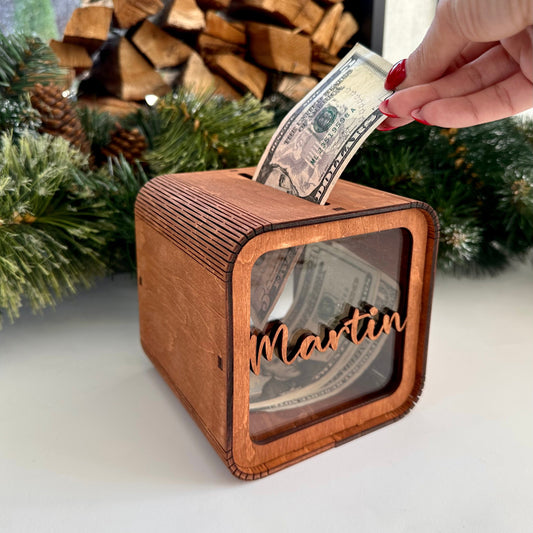 Montessori Personalized Baby Piggy Bank, Wood Gift For Kids, Wooden DIY Piggy Bank with Name, Date of Birth, Toddler Gift, Gift For Kid,