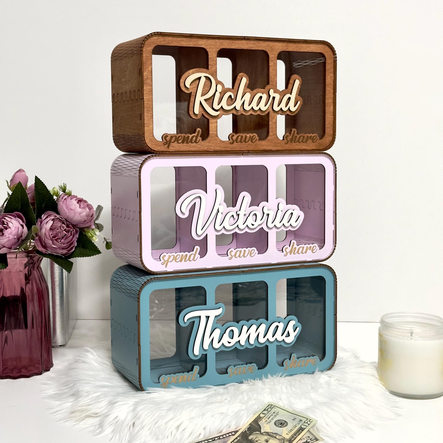 Save Spend Share Bank / Saving Piggy Bank / Customized Piggy Bank / Give Save Spend / Divided Piggy Bank/Personalized Piggy Bank/Divvy Bank/