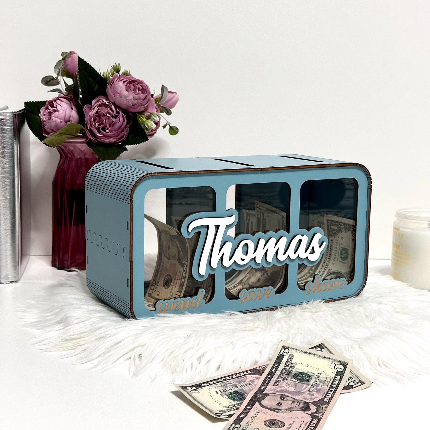 Save Spend Share Bank / Customized Piggy Bank / 3-in-1 Savings Box / Personalized Money Box / Divvy Coin Organizer,Multi-Section Budget Bank