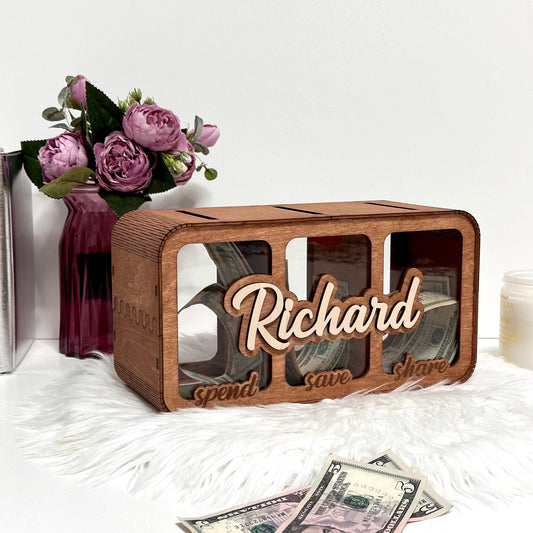 Save Spend Share Bank / Customized Money Box / Split Piggy Bank / 3-in-1 Piggy Bank / Personalized Piggy Bank / Divvy Box / Budget Bank