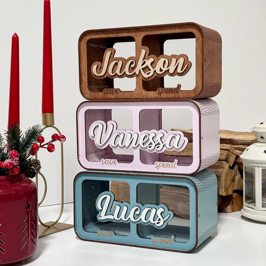 Personalized Large Wooden Kids Name Piggy Bank Custom Name Coin Bank, Laser Engraved Name, Wood Alphabet Letter Bank Money Box Birthday