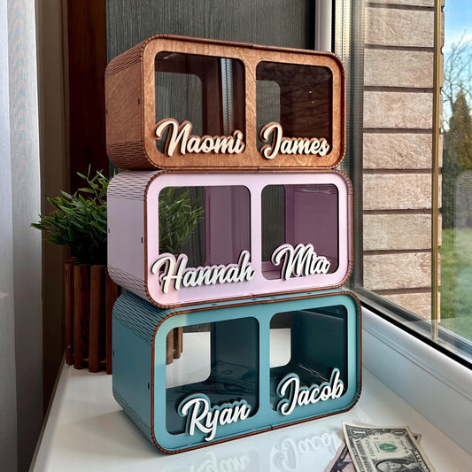 Piggy Bank For Two Kids, Personalized Kids Christmas Gift For boy or girl, Wood Custom Money Box for Toddler Gift, First Birthday Gift