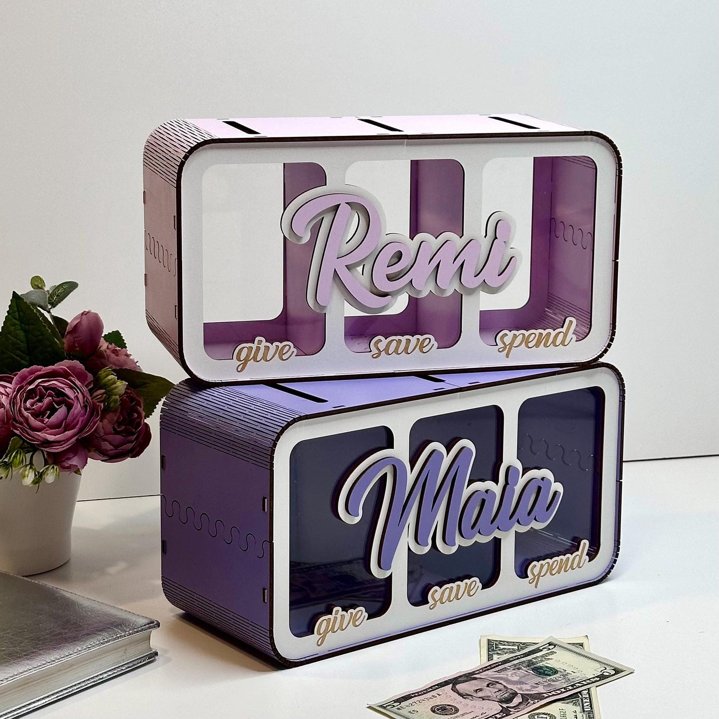 Custom Kids Piggy Bank with Three Compartments, Baby Shower/ Birthday Girls Gift, Modern Kids Room Decor, Wooden Toddler Coin Money Bank