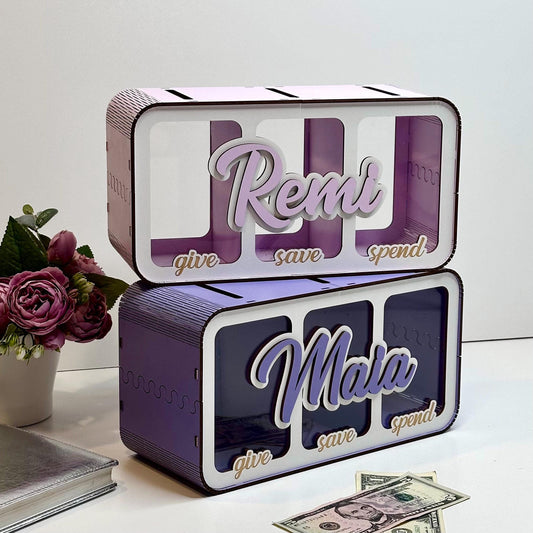 Custom Kids Piggy Bank with Three Compartments, Baby Shower/ Birthday Girls Gift, Modern Kids Room Decor, Wooden Toddler Coin Money Bank