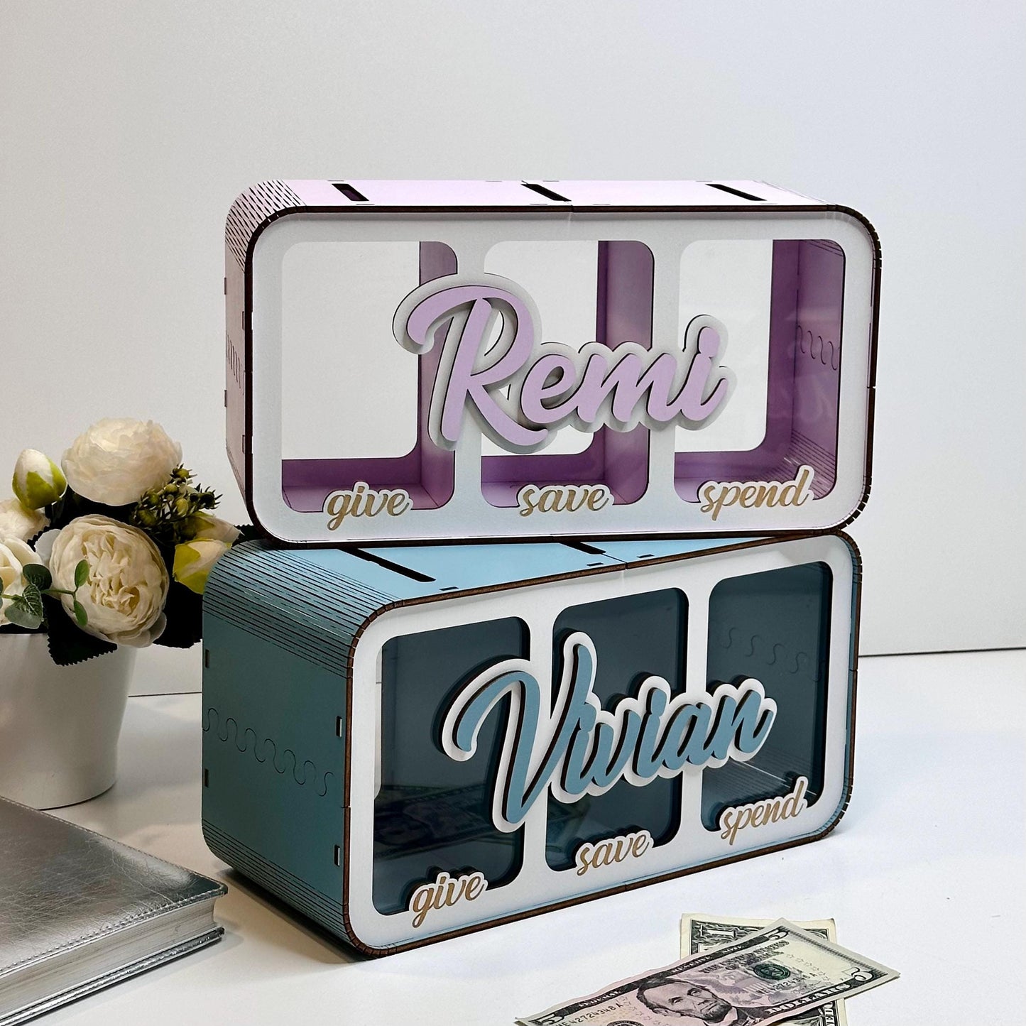 Save Share Spend Money Bank - Custom Personalized Name Piggy Bank - Space Saving Kid's Wood Change Bank - Financial Literacy Birthday Gift