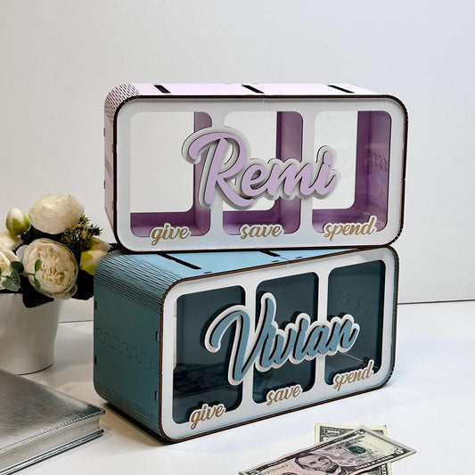 Save Share Spend Money Bank - Custom Personalized Name Piggy Bank - Space Saving Kid's Wood Change Bank - Financial Literacy Birthday Gift