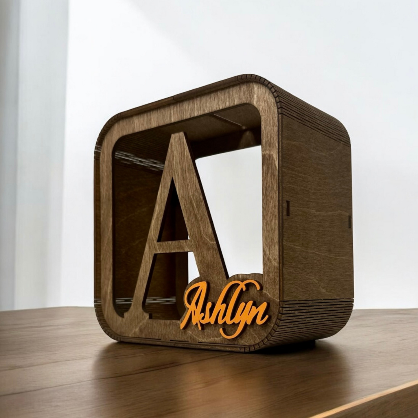 personalized wooden money box for children, stylish with the child's name in color
