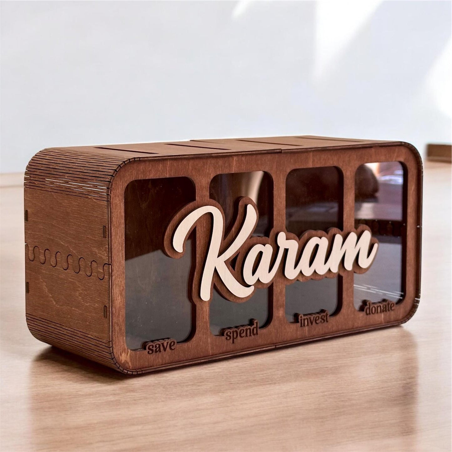 Financial Literacy Piggy Bank – Wooden Kids Cash Box with 4 Sections for Saving and Investing