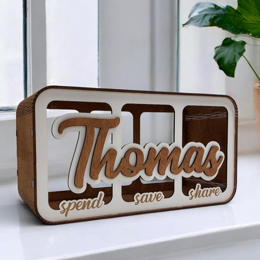 Save Spend Share Wooden Money Box for Kids