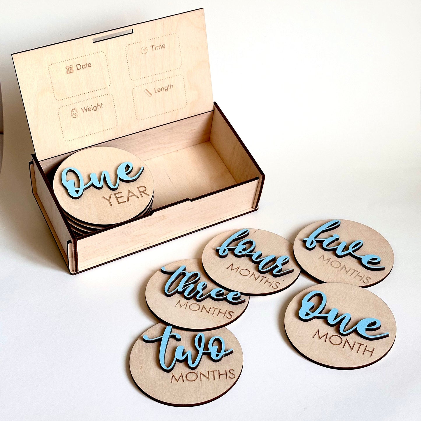 Wooden 3D Monthly Milestone Discs for Baby Photos | Engraved Wood Monthly Milestone Markers | Personalized Baby Sign