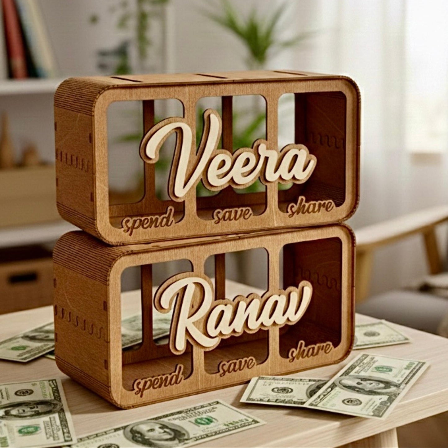 Personalized Save Spend Share Bank, Wooden Divided Piggy Bank, Custom Kids Money Box, Give Save Spend Jar, Financial Learning Gift