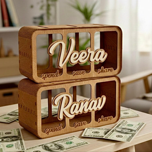 Personalized Save Spend Share Bank, Wooden Divided Piggy Bank, Custom Kids Money Box, Give Save Spend Jar, Financial Learning Gift