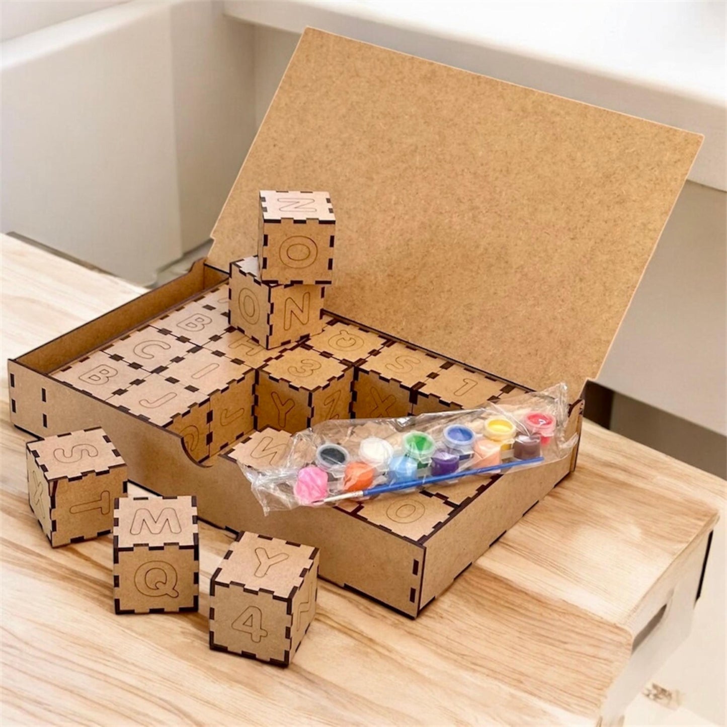 Kids Wooden Blocks Set – Paintable Building Cubes for Creative Play