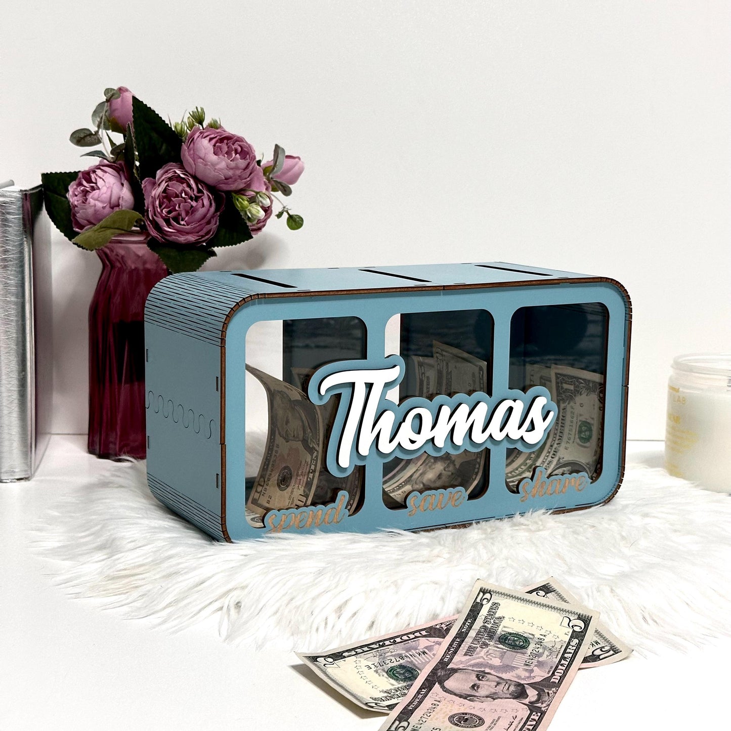 Personalized Save Spend Share Bank, Wooden Divided Piggy Bank, Custom Kids Money Box, Give Save Spend Jar, Financial Learning Gift