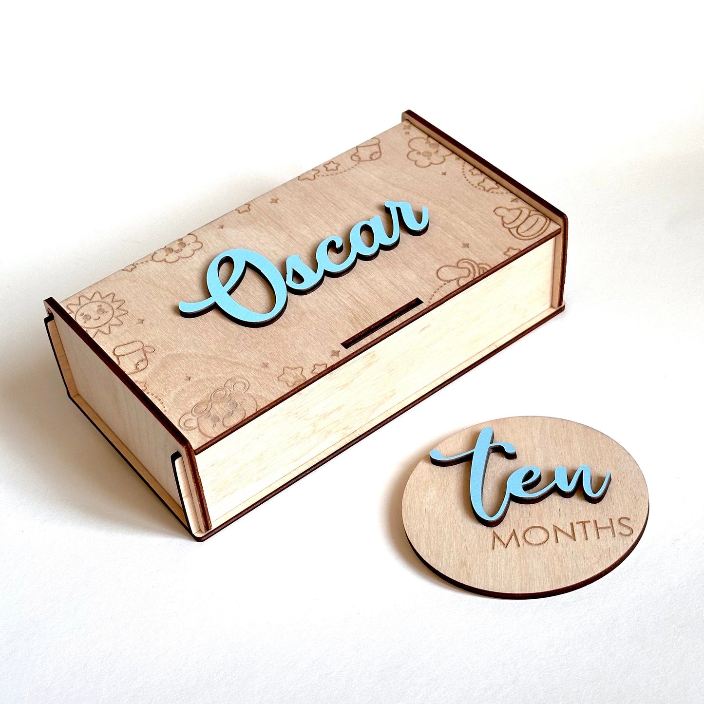 Wooden 3D Monthly Milestone Discs for Baby Photos | Engraved Wood Monthly Milestone Markers | Personalized Baby Sign