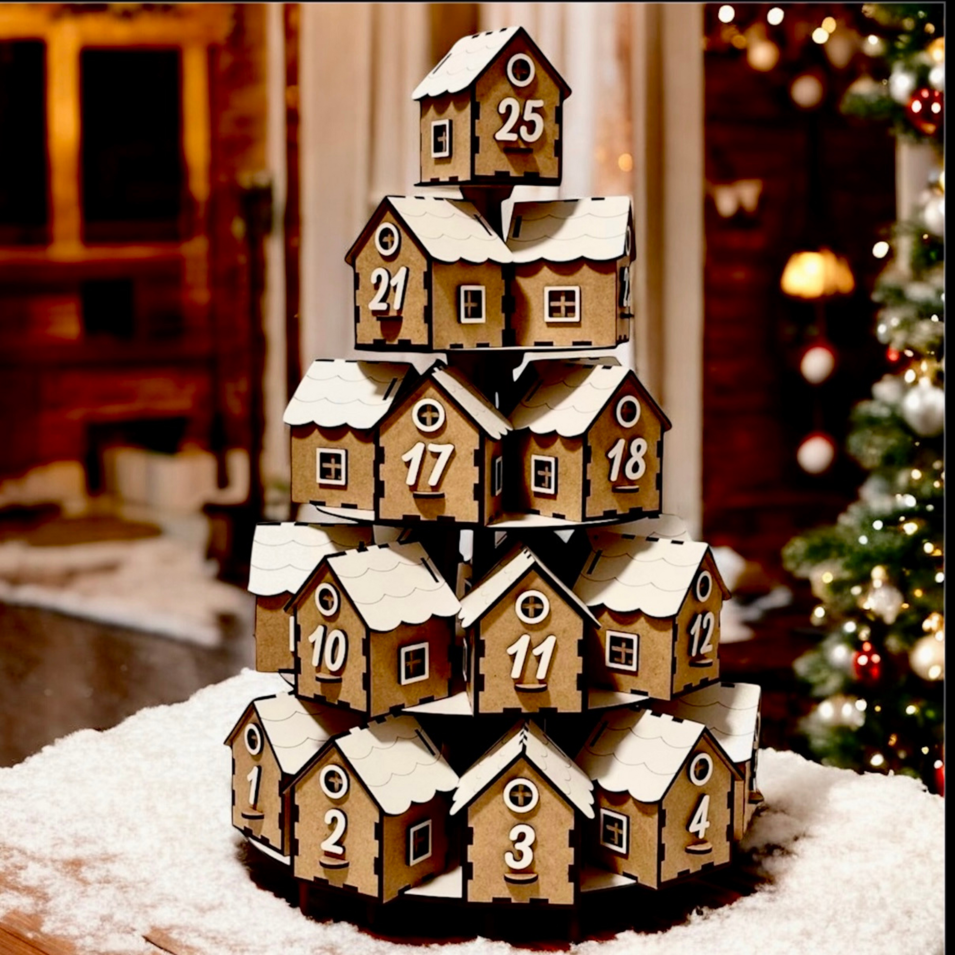 Wooden advent calendar with houses stacked in a tower, decorated for Christmas.