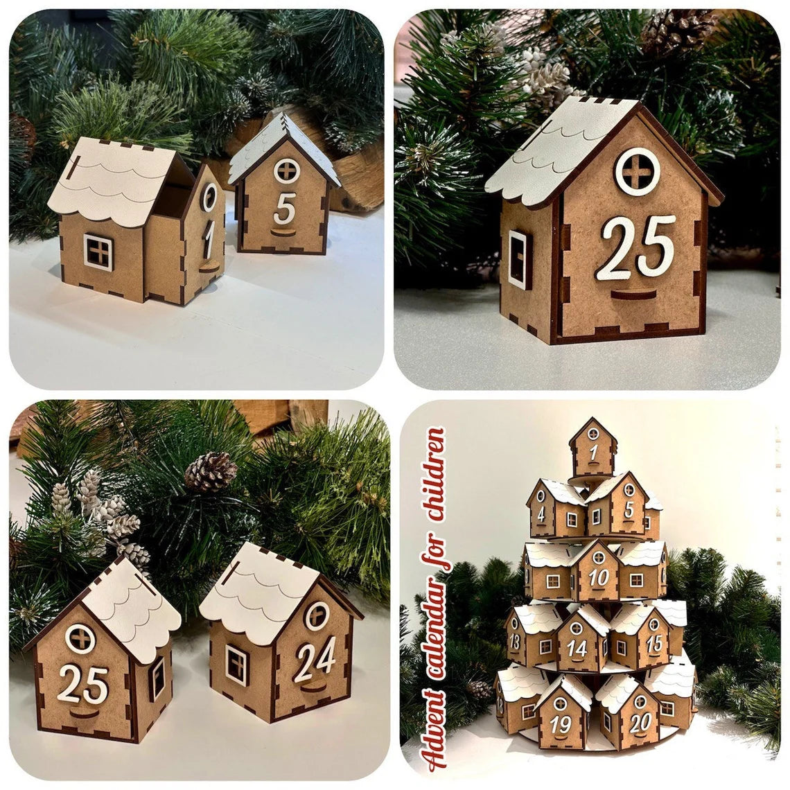 Wooden advent calendar houses with numbers, set against a Christmas tree background.