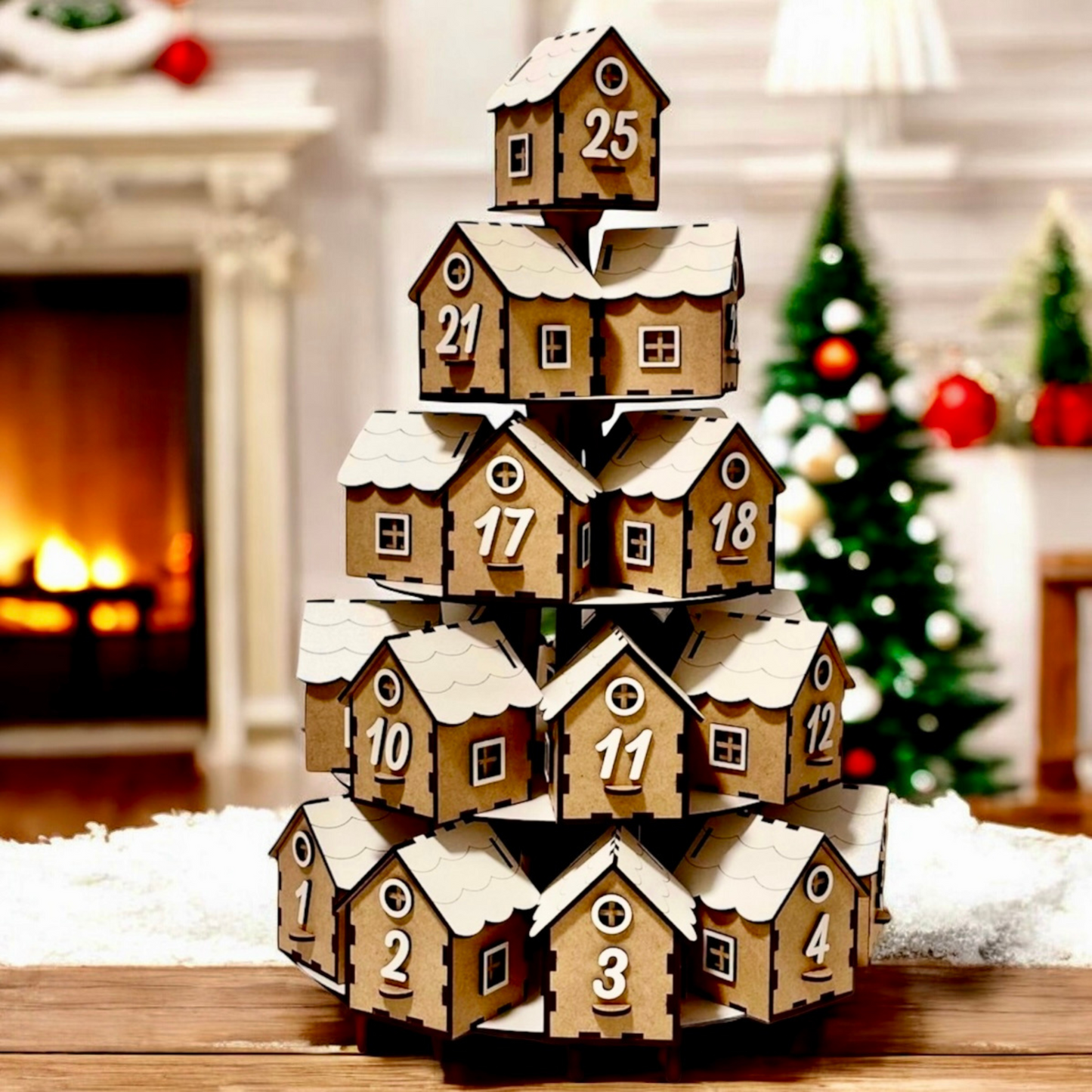 Wooden advent calendar with houses stacked on a table in a festive setting.