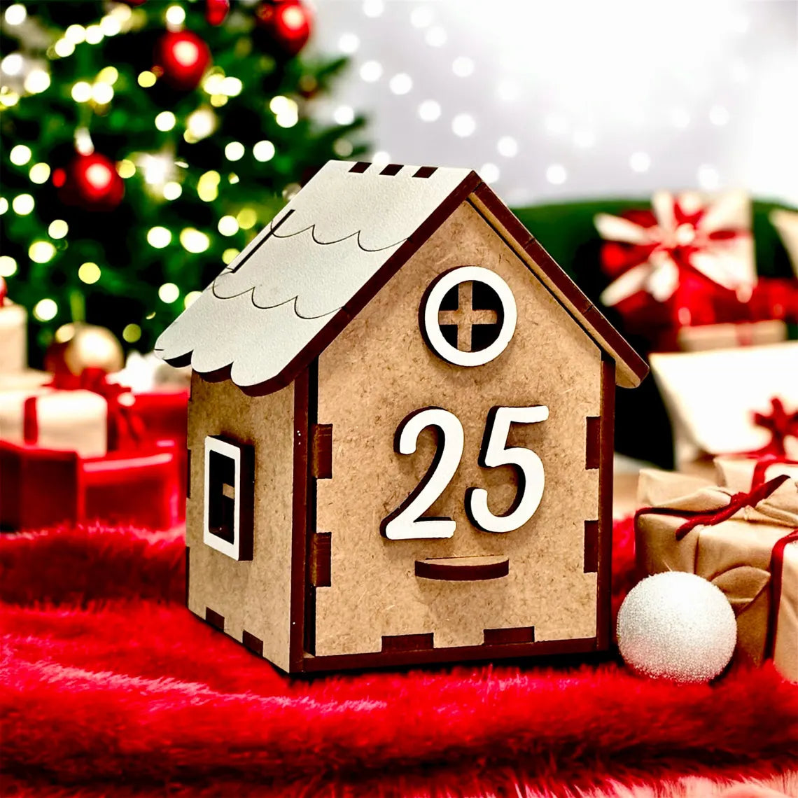 Wooden house-shaped Advent calendar with number 25, Christmas tree and gifts in the background