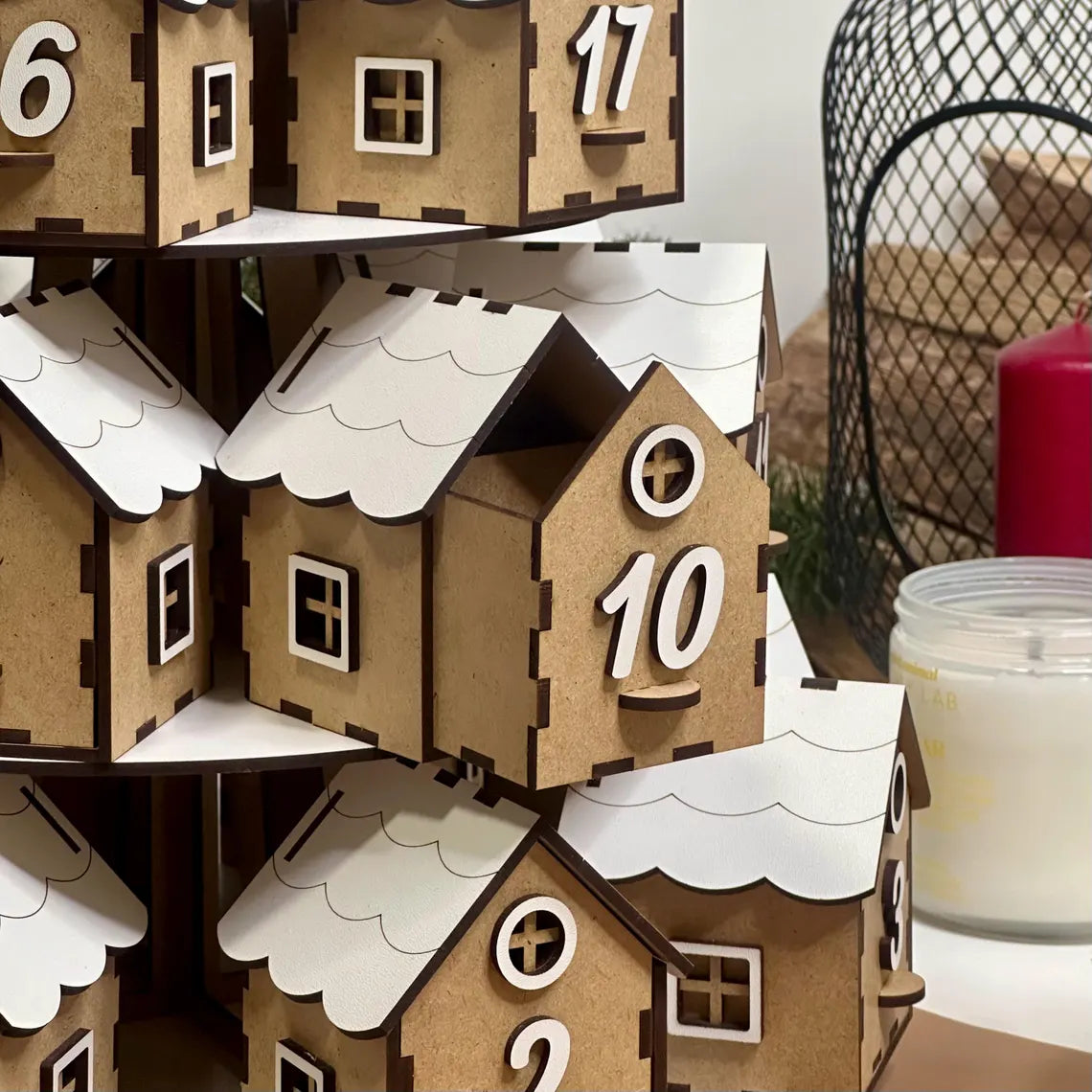 Advent calendar with house-shaped compartments