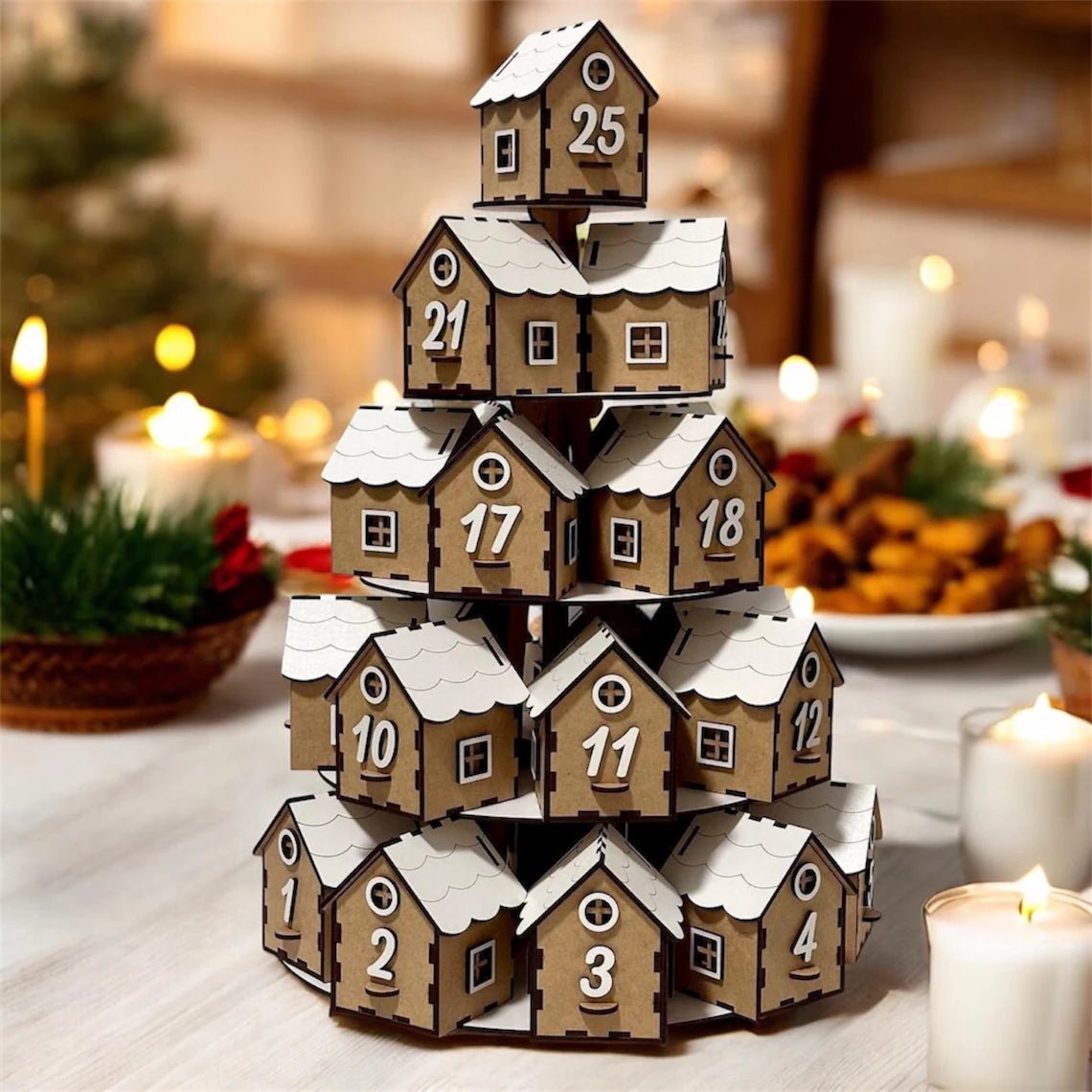 Wooden advent calendar shaped like a tower of houses with snow on the roof, set against a festive background.