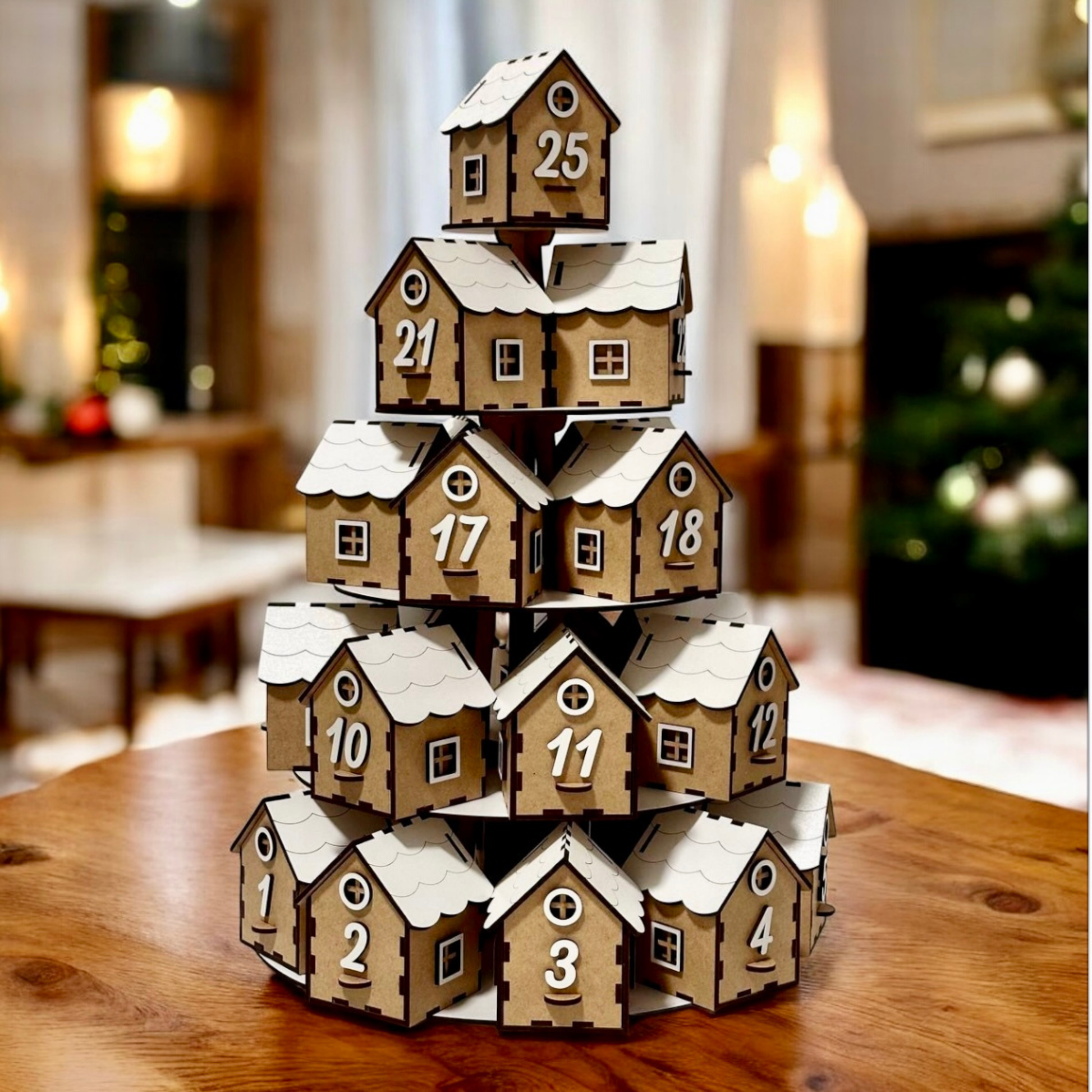 Wooden advent calendar with house design on a wooden table