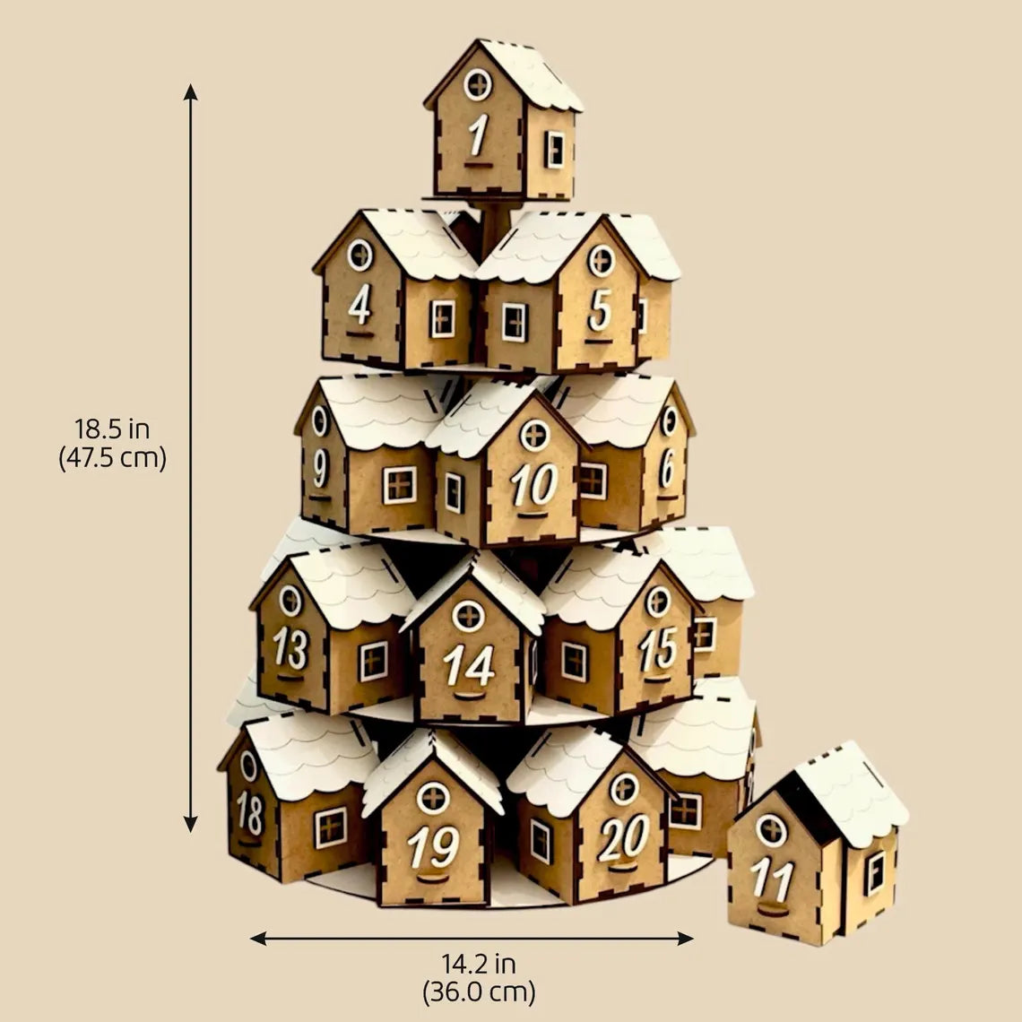 Stack of wooden houses with numbers, resembling an advent calendar, on a beige background.