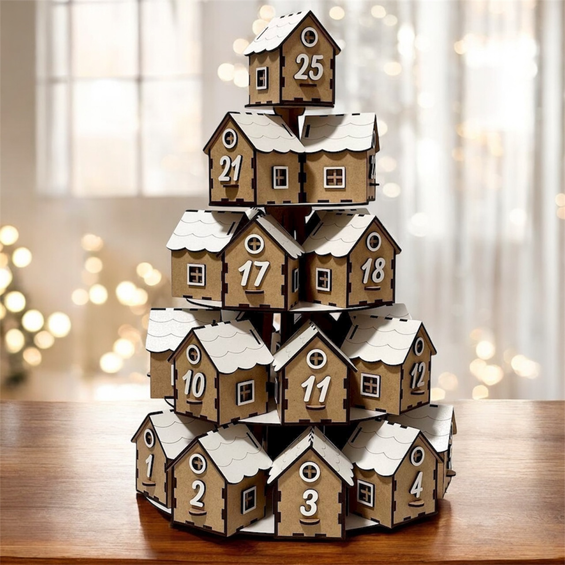 Wooden advent calendar shaped like a village with houses on a table.