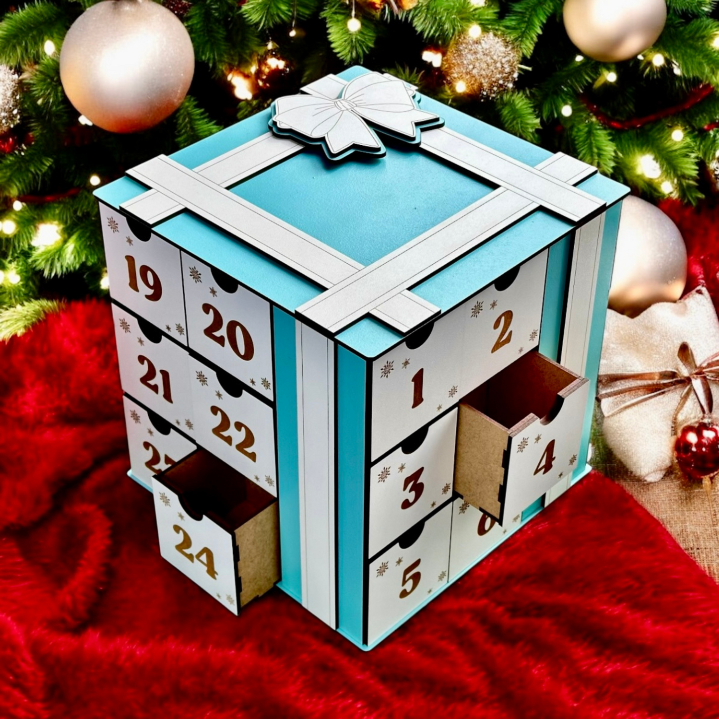 Wooden cube Advent calendar with numbered drawers for Christmas countdown