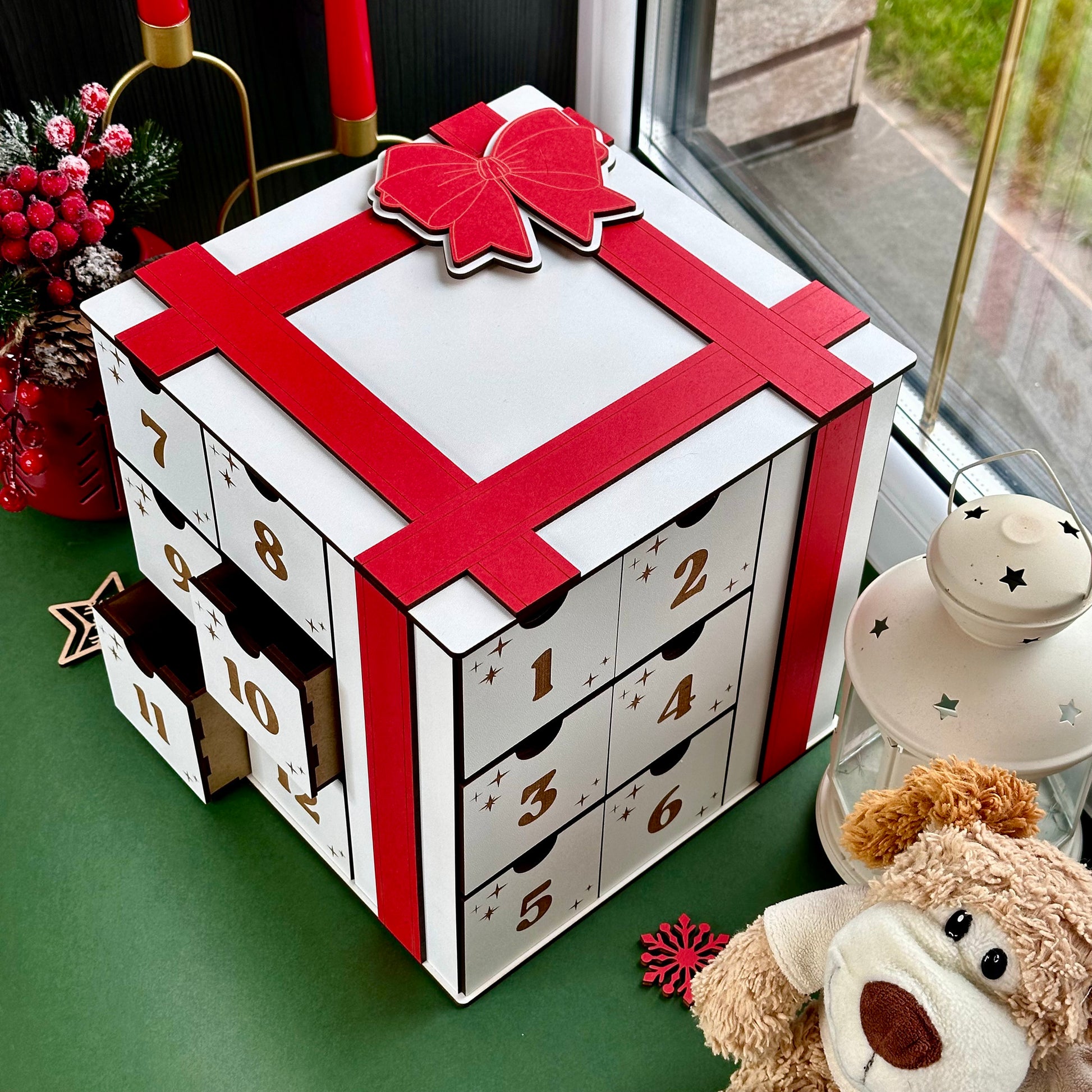 Natural wood Advent cube with small drawers for daily Christmas surprises