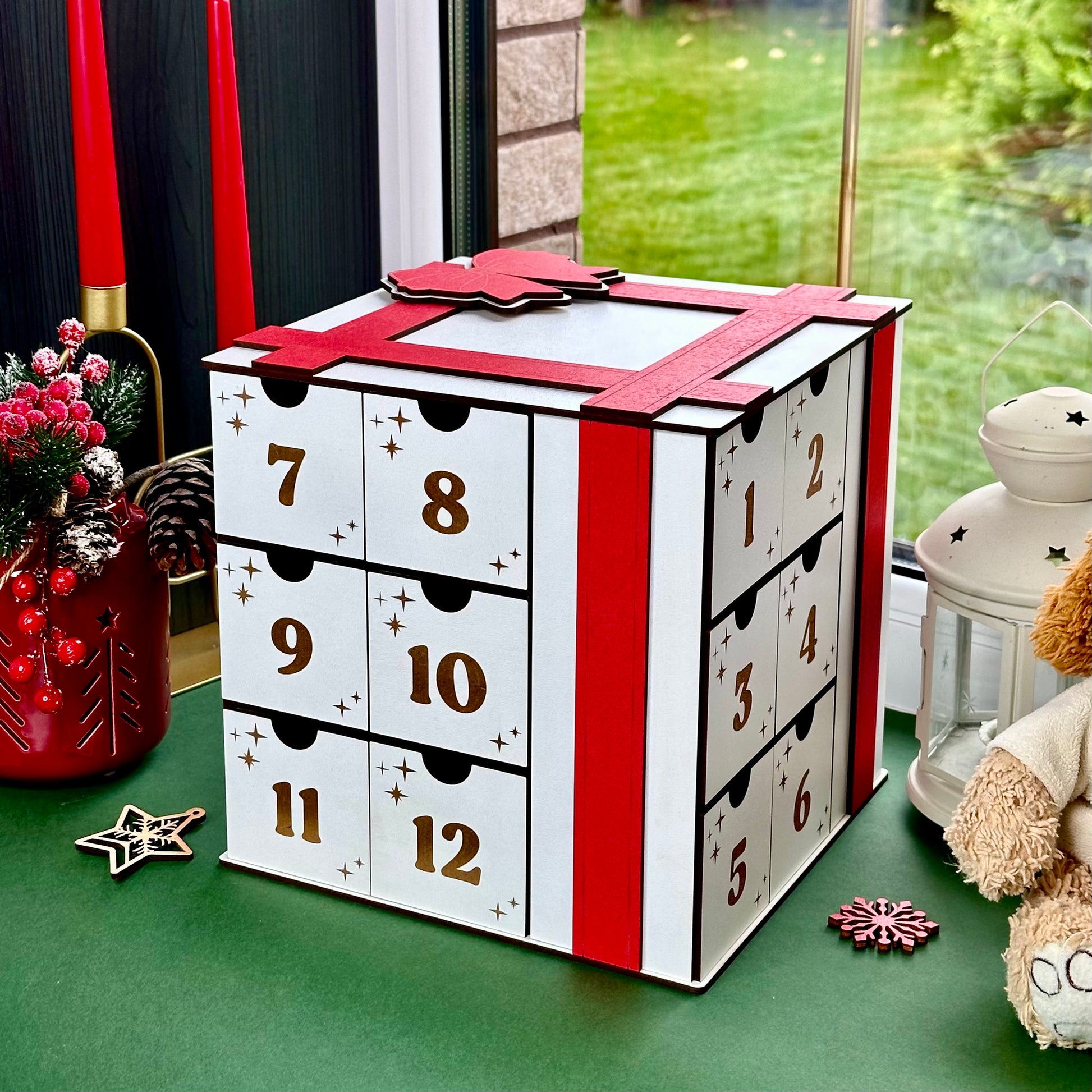 Wooden cube Advent calendar with numbered drawers for Christmas countdown