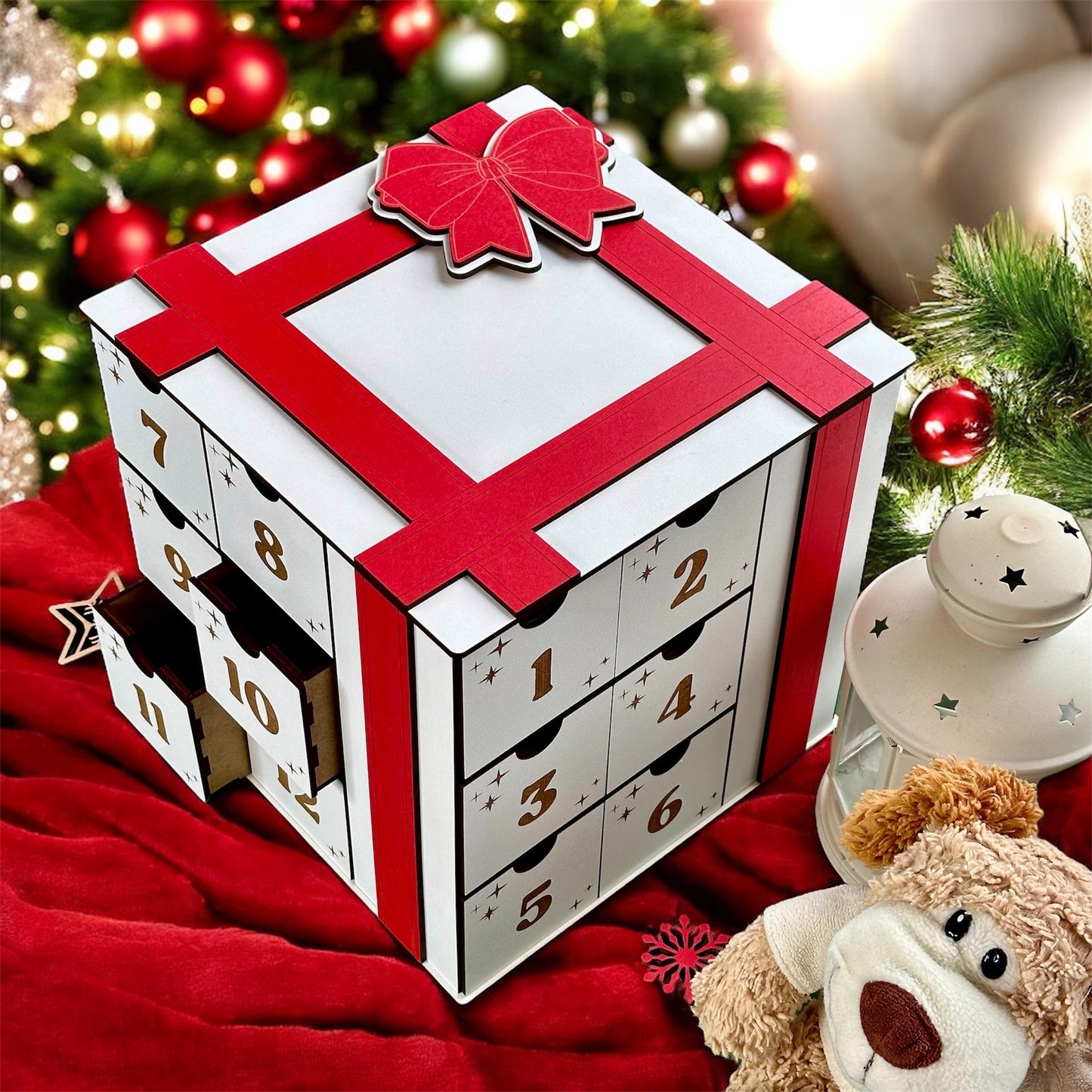 Wooden cube Advent calendar with numbered drawers for Christmas countdown