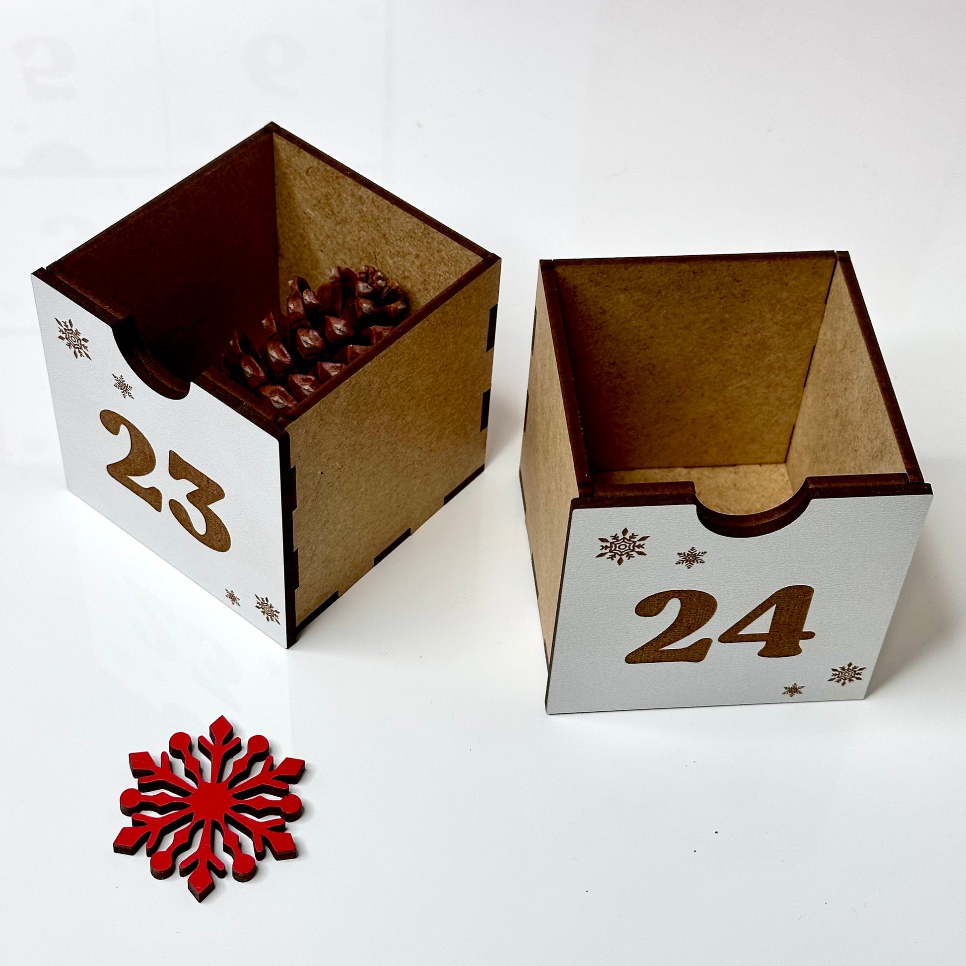 Handcrafted wooden Advent cube with drawers for holiday treats and notes