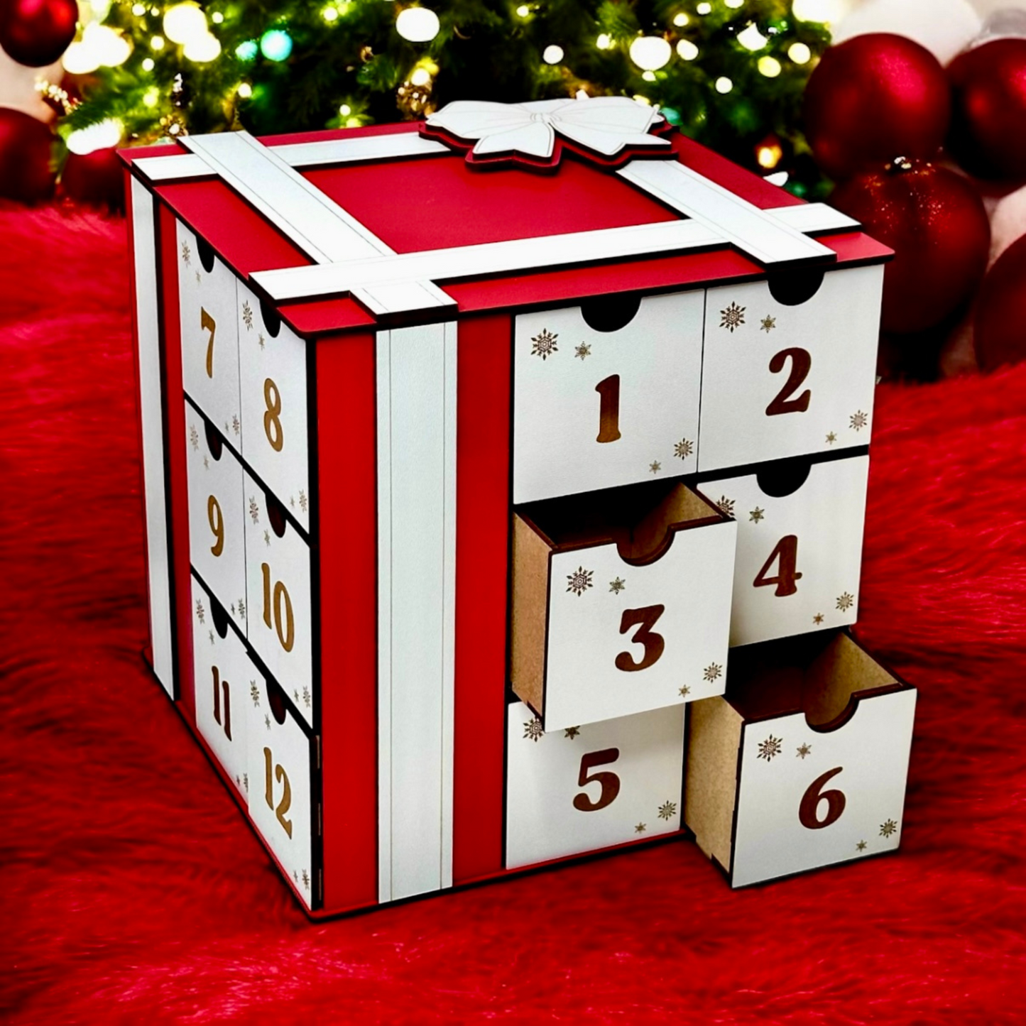 Advent calendar with red and white design on a red background