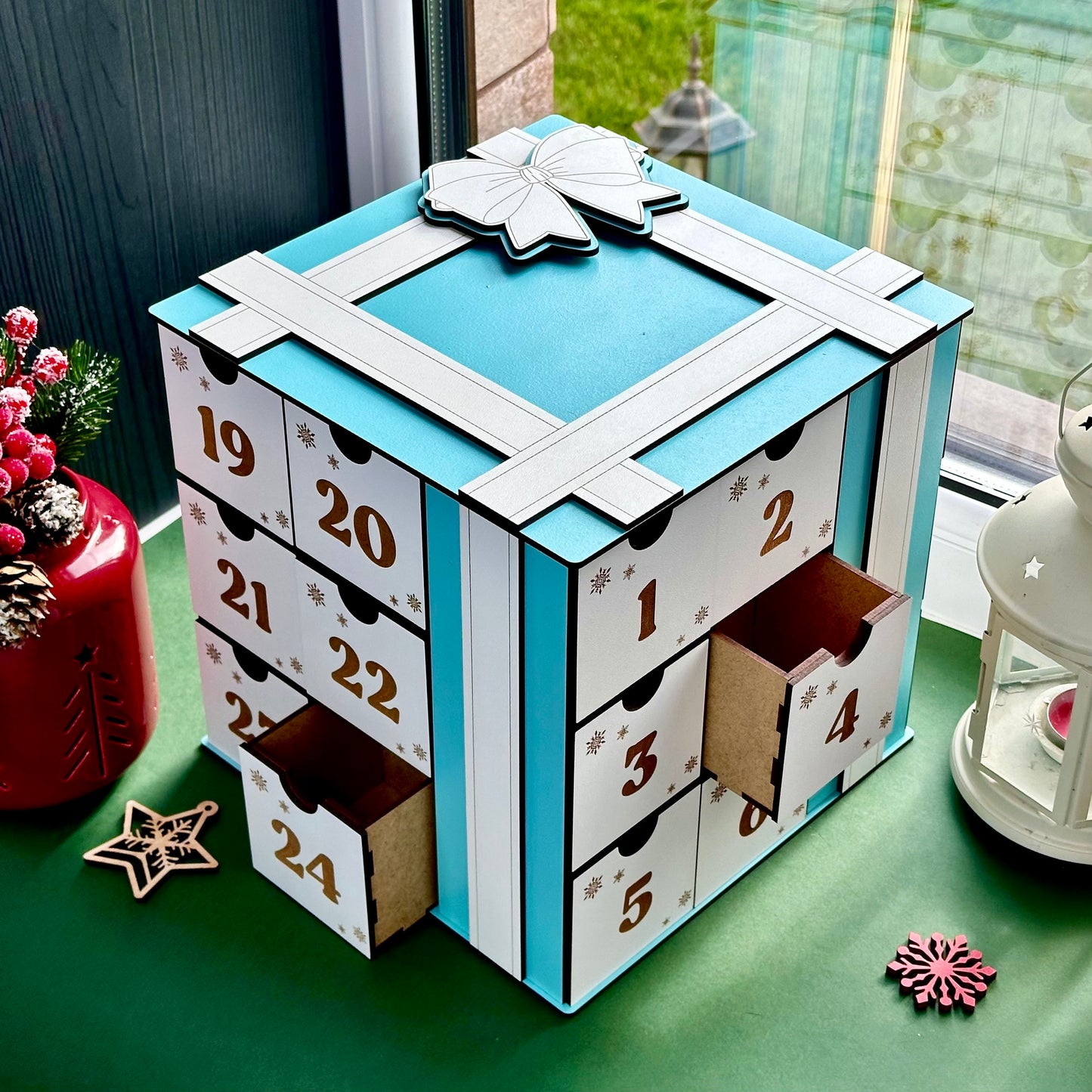 Natural wood Advent cube with small drawers for daily Christmas surprises