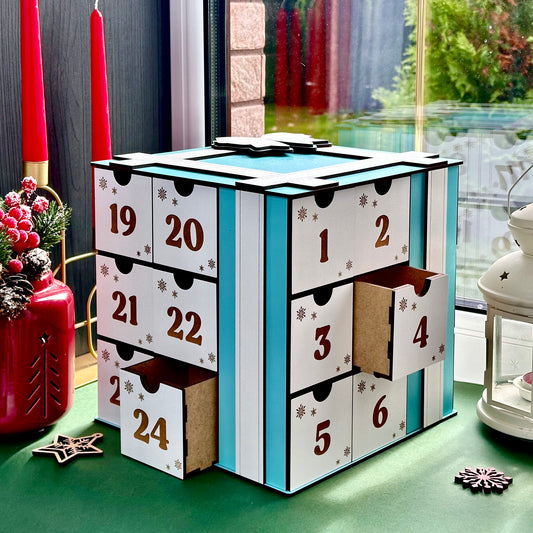 Handmade wooden cube Advent calendar with engraved numbers and festive design