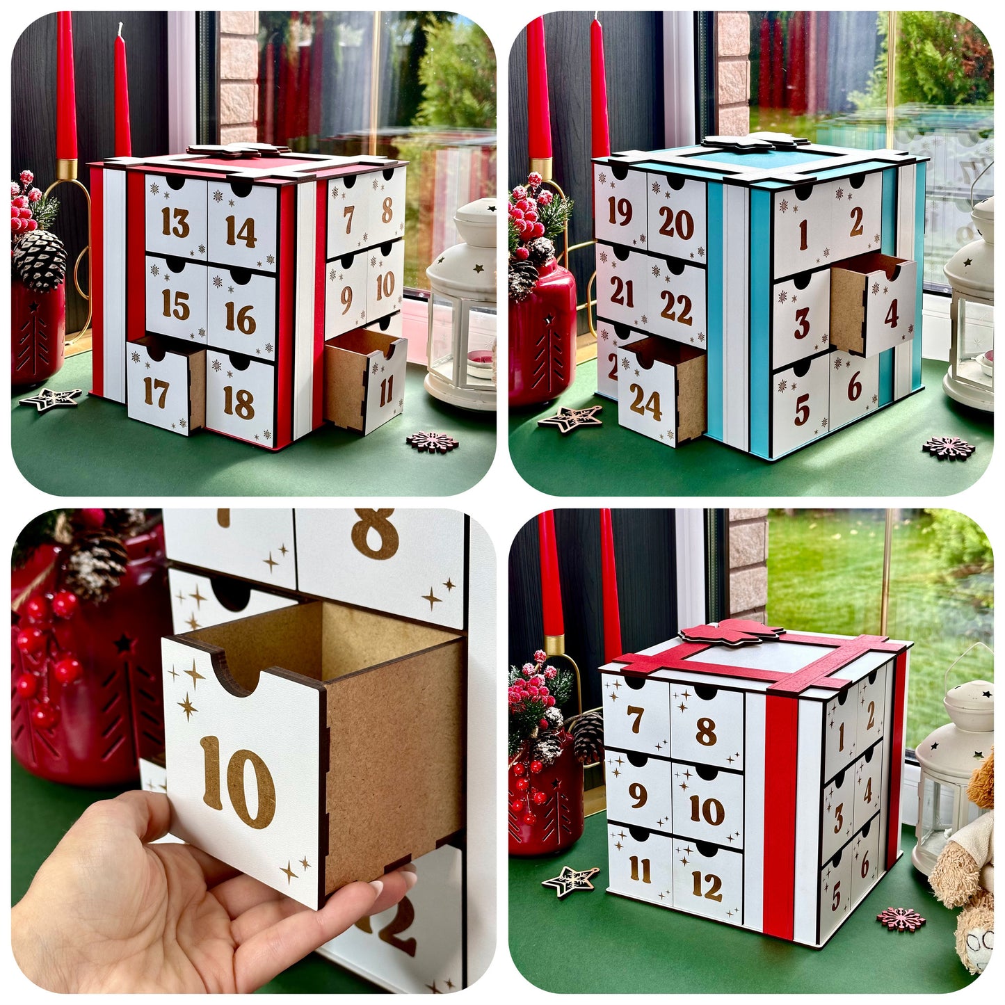Handmade wooden cube Advent calendar with engraved numbers and festive design