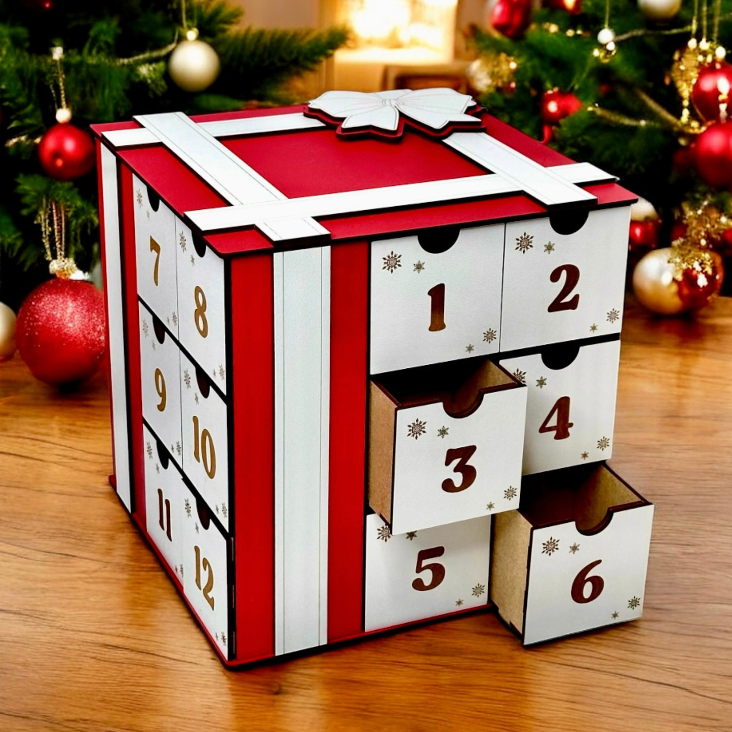Wooden cube Advent calendar with numbered drawers for Christmas countdown