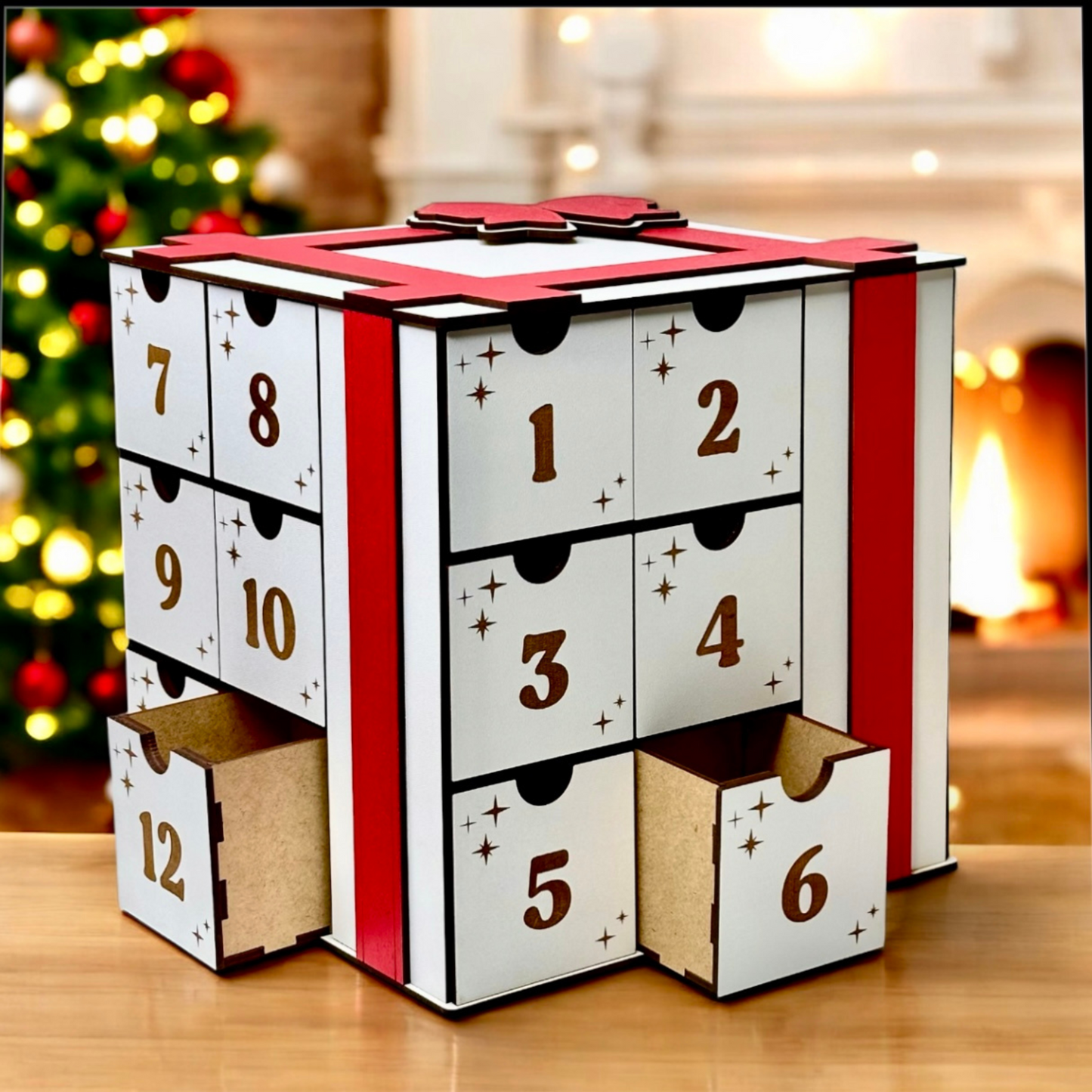 Handmade wooden cube Advent calendar with engraved numbers and festive design