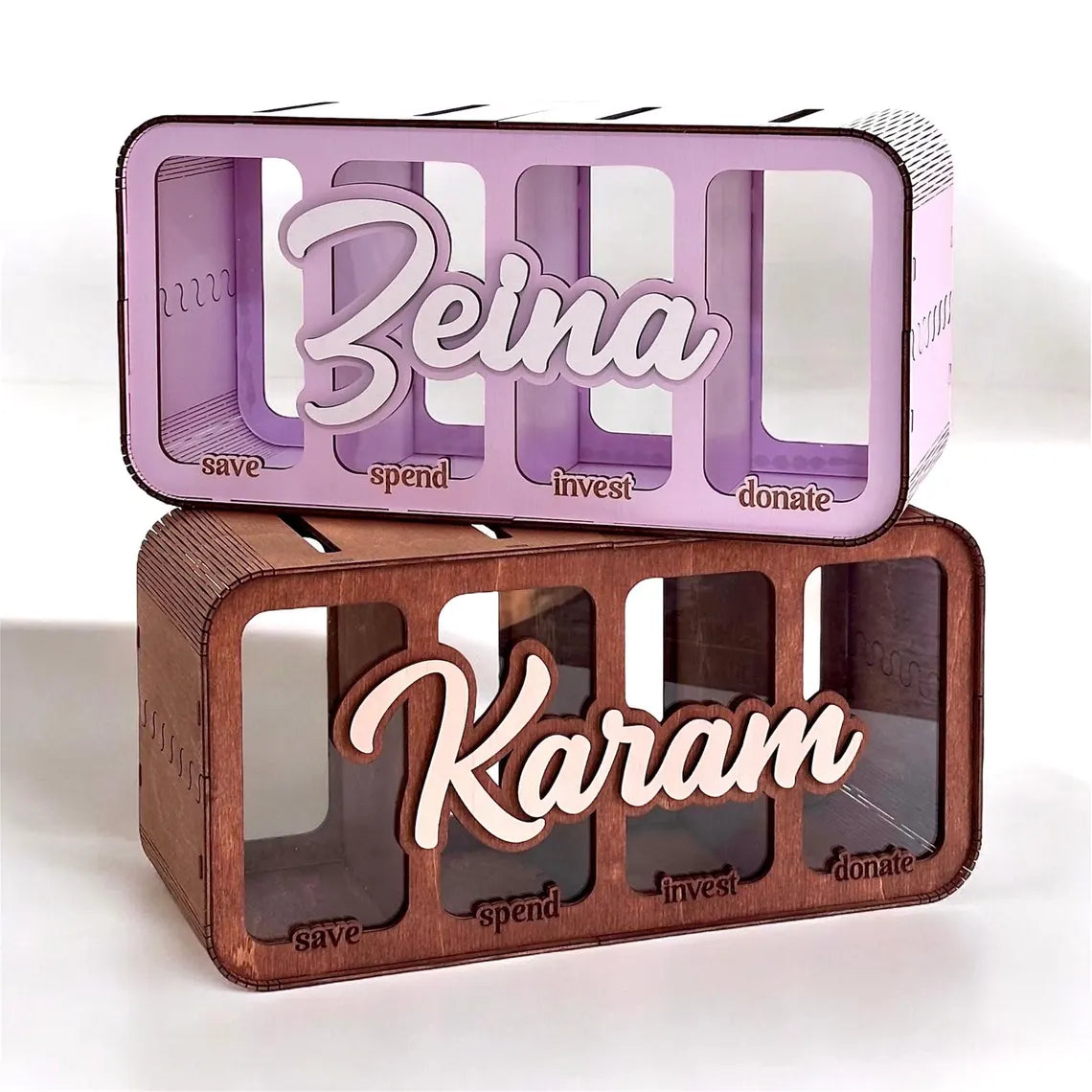 4 Section Wooden Piggy Bank | Save Spend Invest Donate | Kids Money Box | Financial Literacy Gift | Money Organizer | Grow, Give, Plan,Enjoy