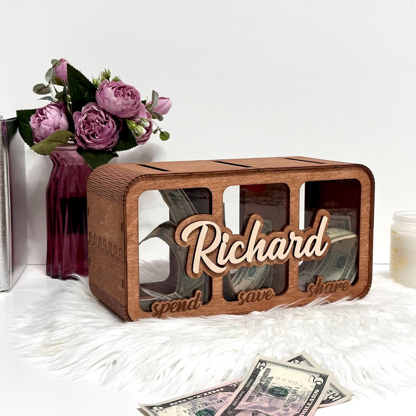 Personalized Save Spend Share Bank, Wooden Divided Piggy Bank, Custom Kids Money Box, Give Save Spend Jar, Financial Learning Gift