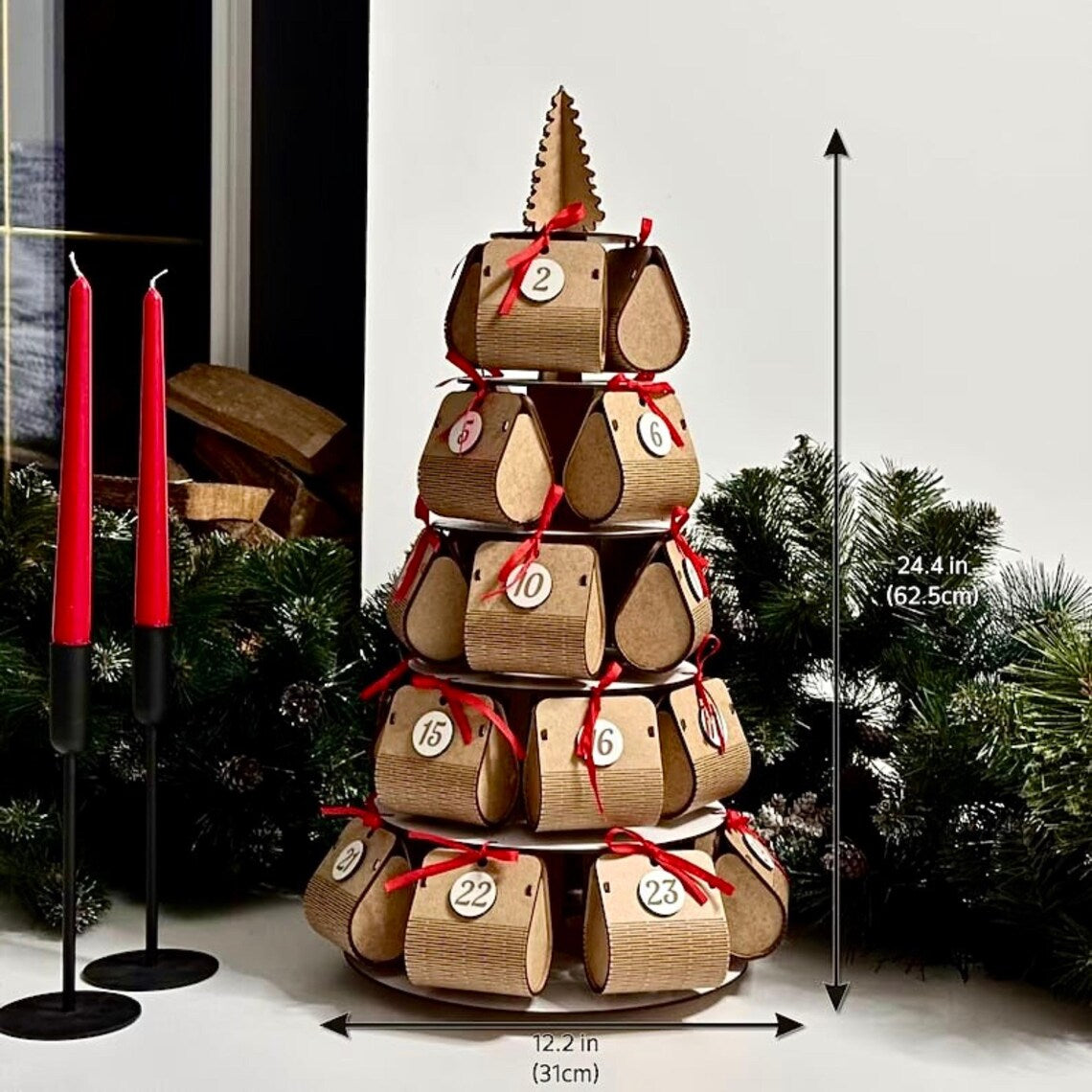 Wooden advent calendar with numbered doors, red ribbons, and measurements displayed.